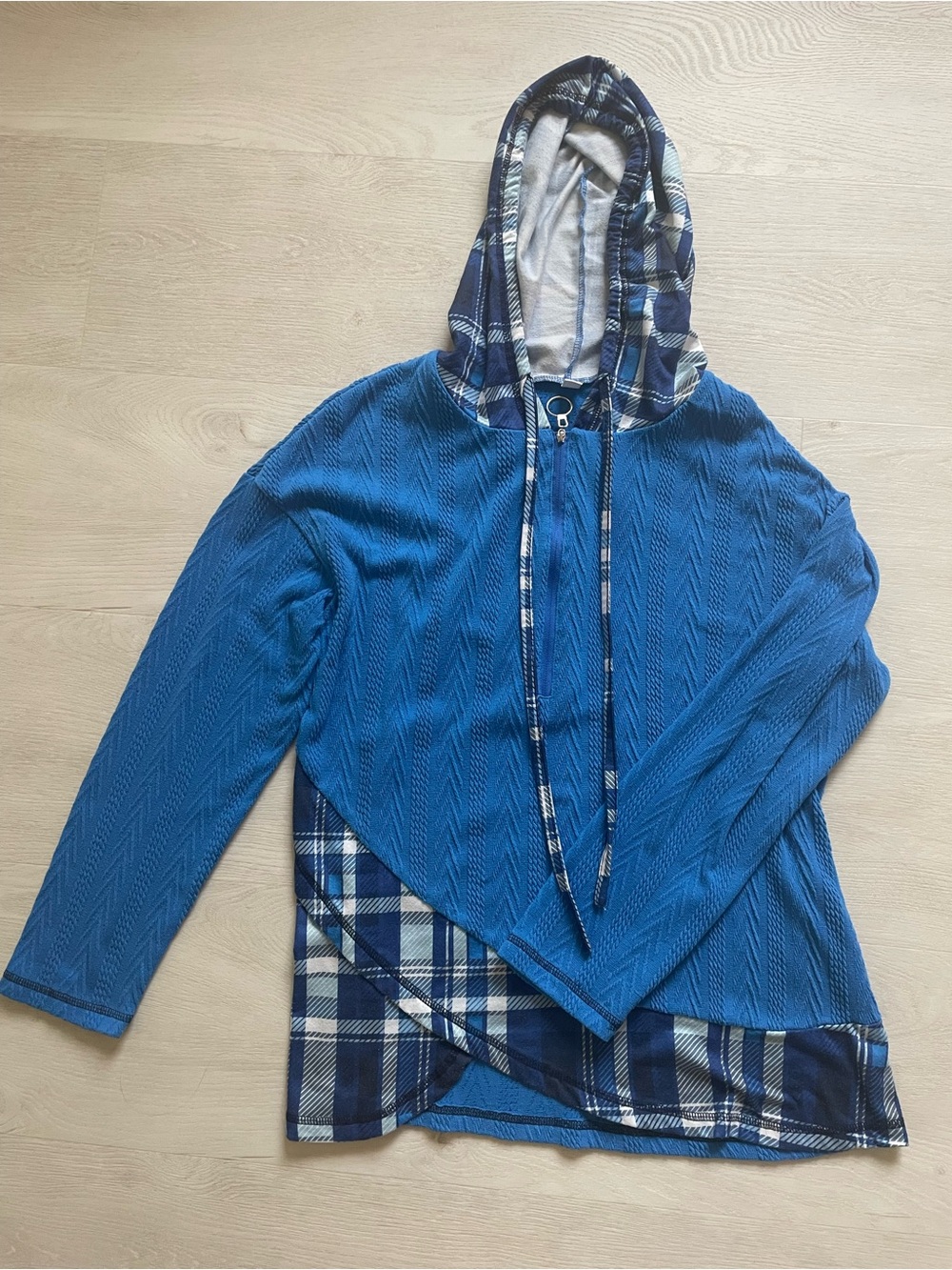 Blue Hooded Layered Plaid Trim Kids Top